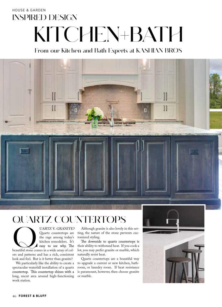 Lake Forest magazine article by Kashian Bros sharing ideas for creating a statement island in your new kitchen with beautiful quartz countertops. Photo includes a waterfall design and light, stone-colored countertops.