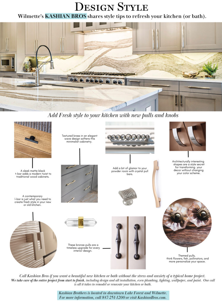 Sheridan Road magazine article by Kashian Bros showing best style tips for new cabinet pulls and knobs to refresh your existing kitchen or bath.