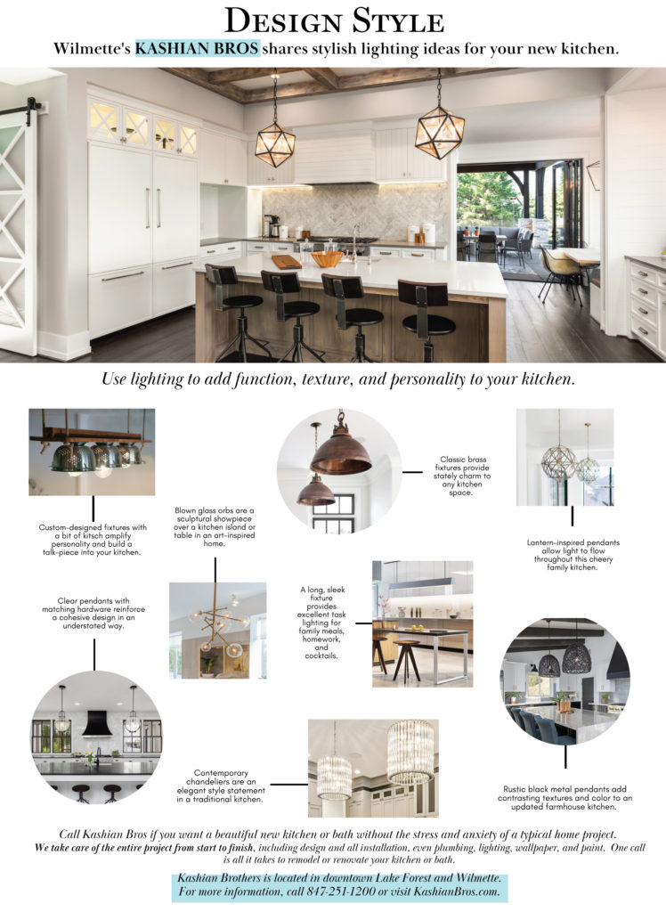 Sheridan Road magazine article by Kashian Bros showing best new overhead lighting trends for renovated kitchens.