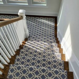 Contemporary blue geometric stair runner with landing and coordinating binding.png