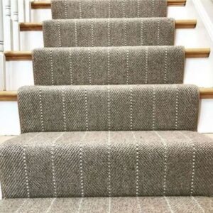 Grey wool stair runner with white stripes and waterfall installation.png